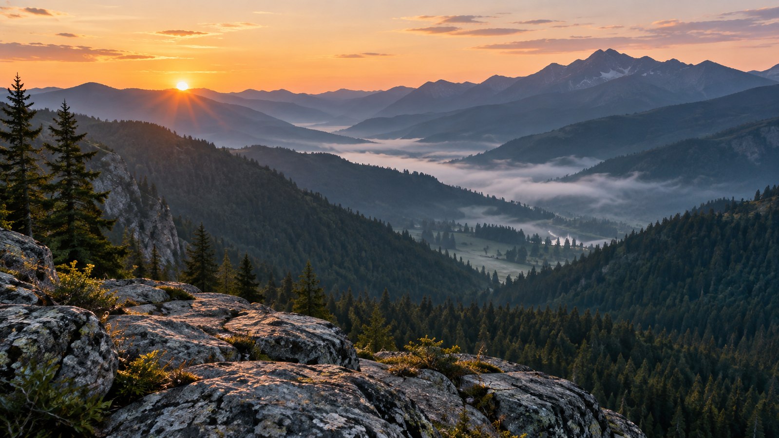 A quiet valley with soft mist between forested mountains