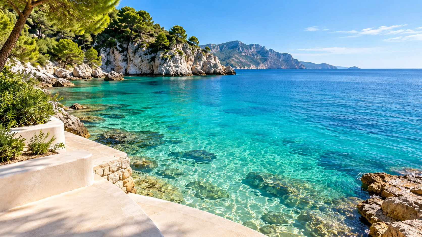 Clear turquoise water in a sunlit coastal cove
